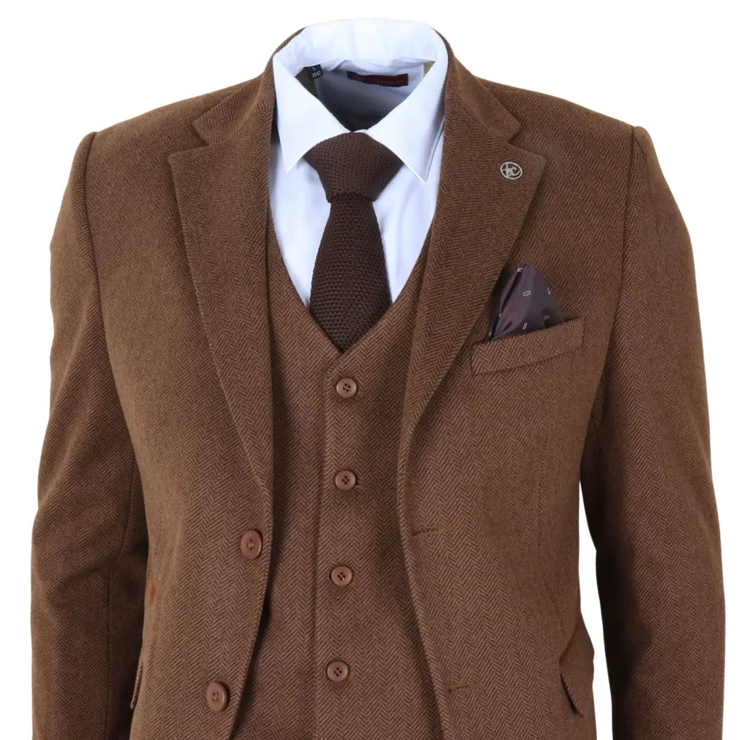 IM42 - Costum bărbătesc maro din 3 piese, model herringbone, din tweed