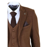 IM42 - Costum bărbătesc maro din 3 piese, model herringbone, din tweed