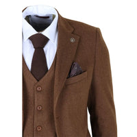 IM42 - Costum bărbătesc maro din 3 piese, model herringbone, din tweed