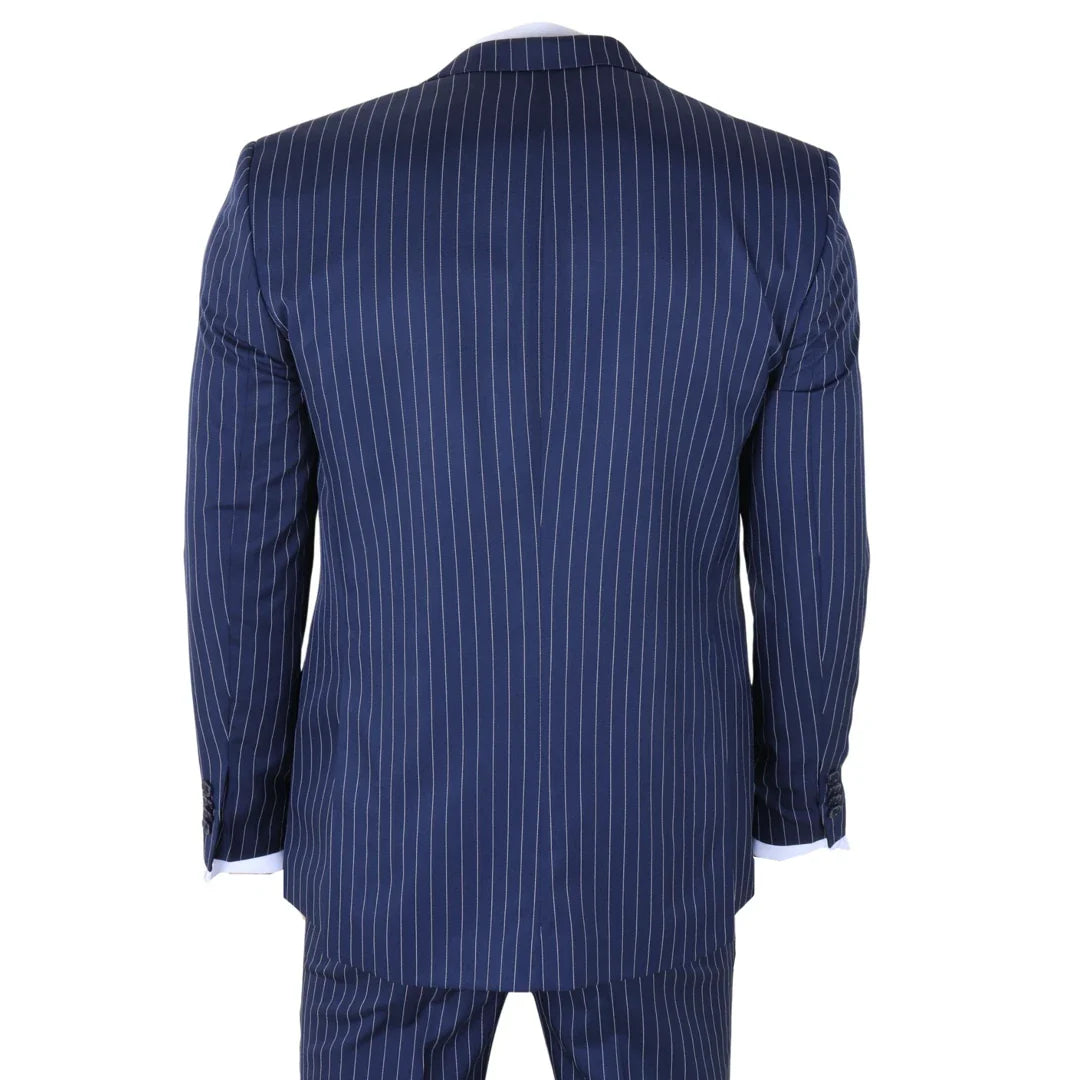IM43 - Costum bărbătesc din 3 piese, bleumarin, stil Shelby, cu dungi subțiri