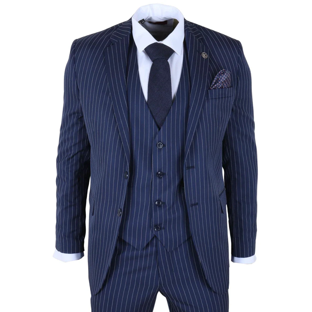 IM43 - Costum bărbătesc din 3 piese, bleumarin, stil Shelby, cu dungi subțiri
