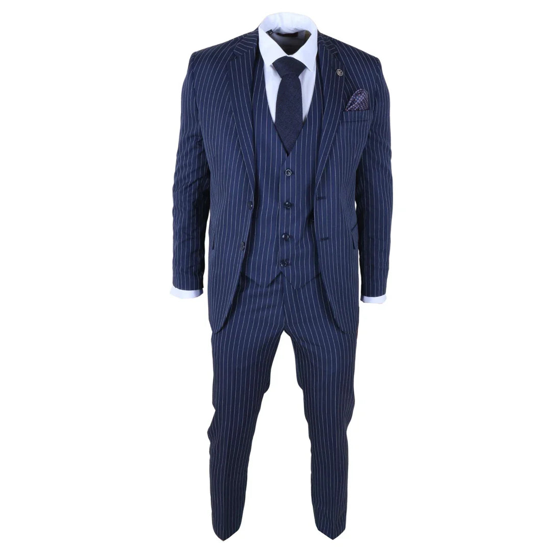 IM43 - Costum bărbătesc din 3 piese, bleumarin, stil Shelby, cu dungi subțiri