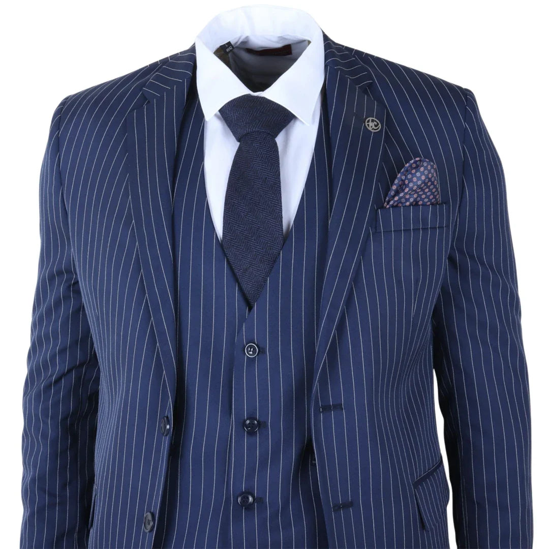 IM43 - Costum bărbătesc din 3 piese, bleumarin, stil Shelby, cu dungi subțiri