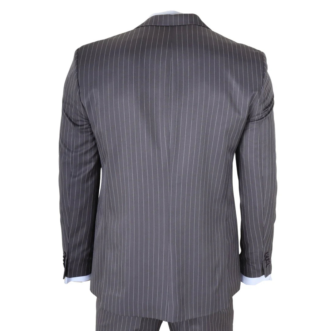 IM44 - Costum bărbătesc gri cu dungi subțiri, 3 piese, stil Shelby