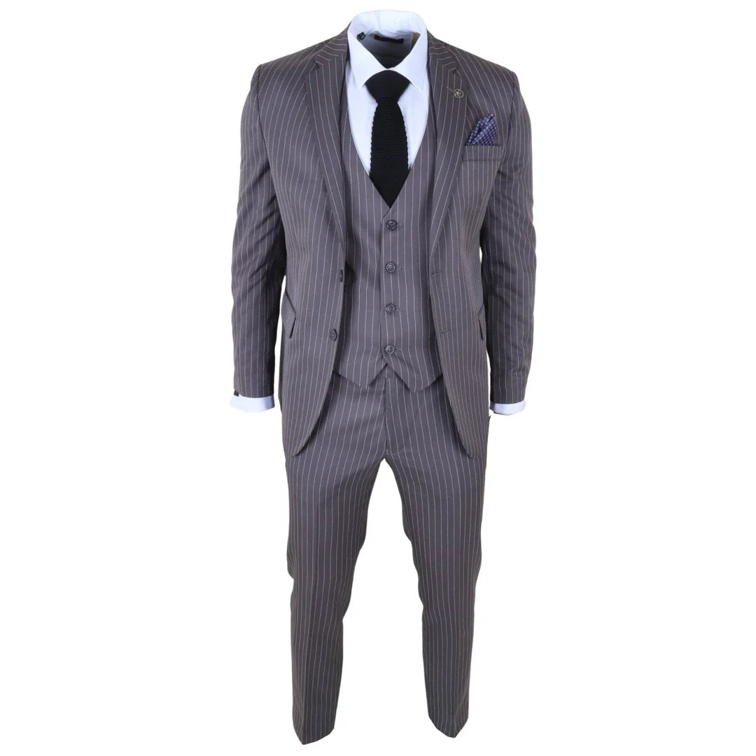 IM44 - Costum bărbătesc gri cu dungi subțiri, 3 piese, stil Shelby