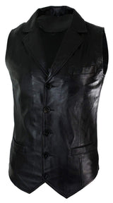 Mens Real Leather Tan Brown Black Smart Casual Gilet Waistcoat Vintage Retro-Black