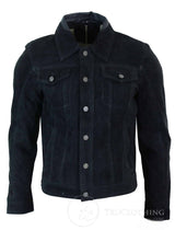 Real Suede Leather Mens Vintage Short Denim Style Retro Jean Jacket Casual - Black Color