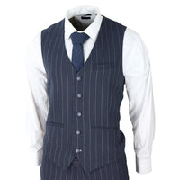 Mens 3 Piece Suit Pin Stripe Navy Classic Vintage Retro 1920s Tailored Fit Wedding