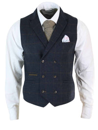 Mens Double Breasted Herringbone Tweed Peaky Blinders Vintage Check Waistcoat Navy Blue