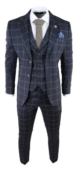 Mens Herringbone Tweed Check 3 Piece Wool Suit Peaky Blinders - Navy Blue