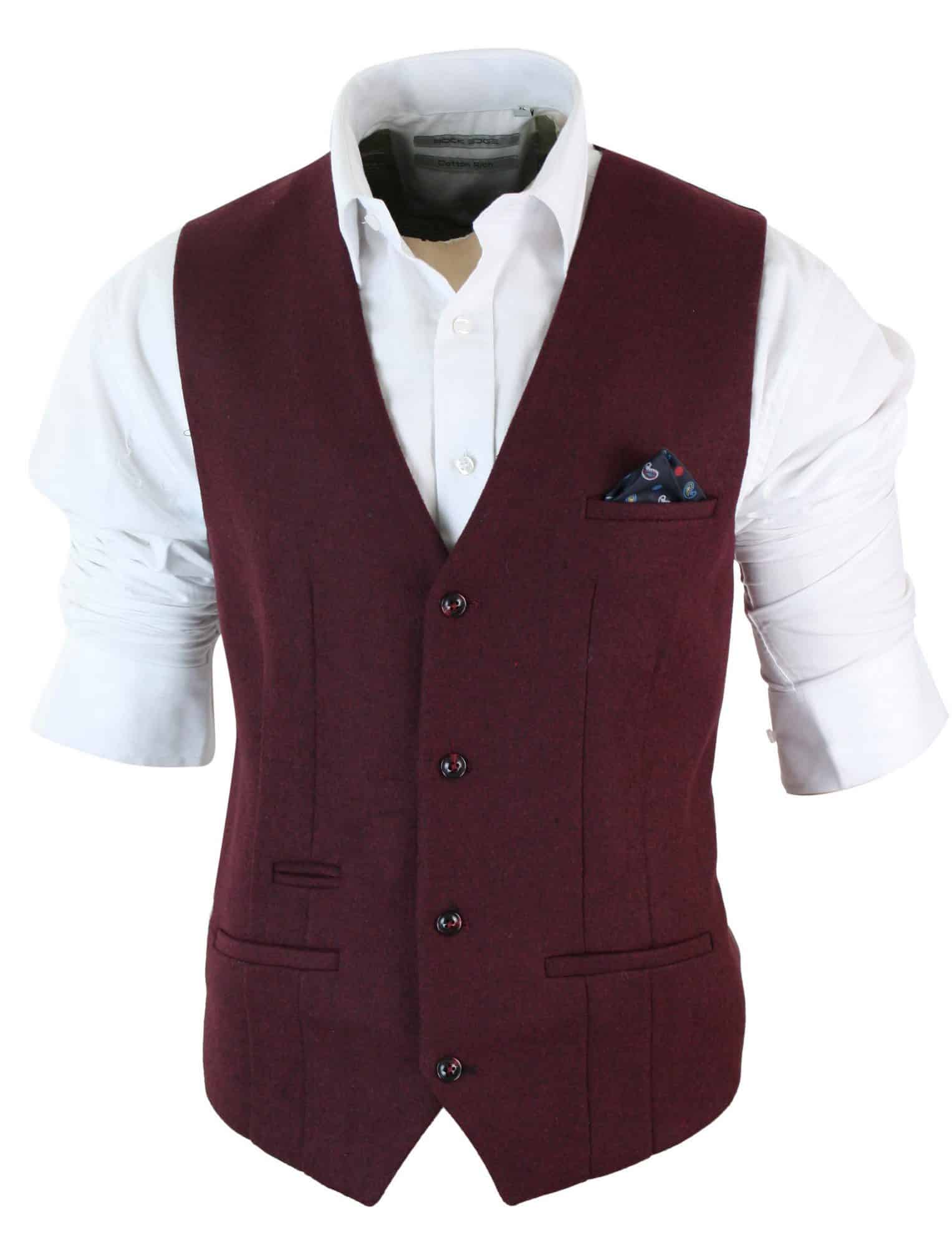 Marc Darcy Len Mati - Mens Slim Fit Burgundy Maroon Black Herringbone Tweed Vintage Retro Waistcoat
