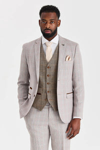 Costum bej Leo cu vestă contrastantă din tweed Harris Brown