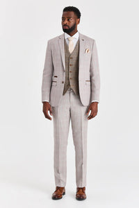 Costum bej Leo cu vestă contrastantă din tweed Harris Brown