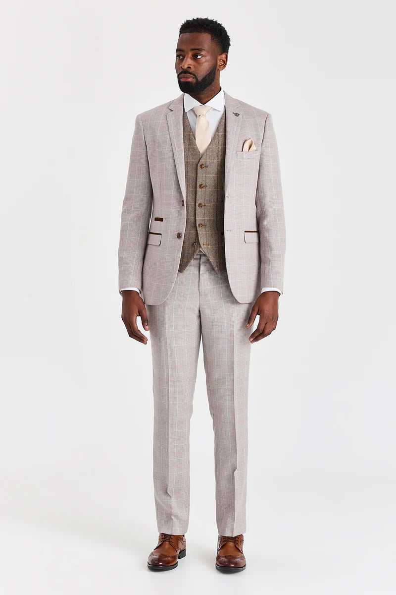Costum bej Leo cu vestă contrastantă din tweed Harris Brown