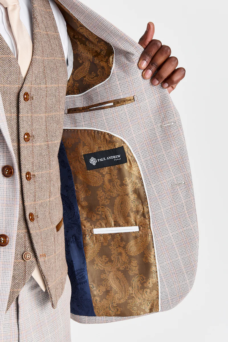 Costum bej Leo cu vestă contrastantă din tweed Harris Brown