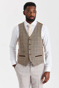 Costum bej Leo cu vestă contrastantă din tweed Harris Brown