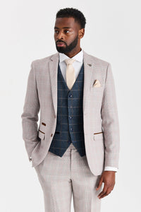 Costum bej Leo cu vestă Harris Tweed bleumarin