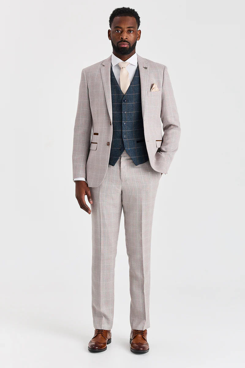 Costum bej Leo cu vestă Harris Tweed bleumarin