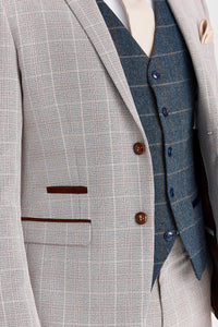 Costum bej Leo cu vestă Harris Tweed bleumarin