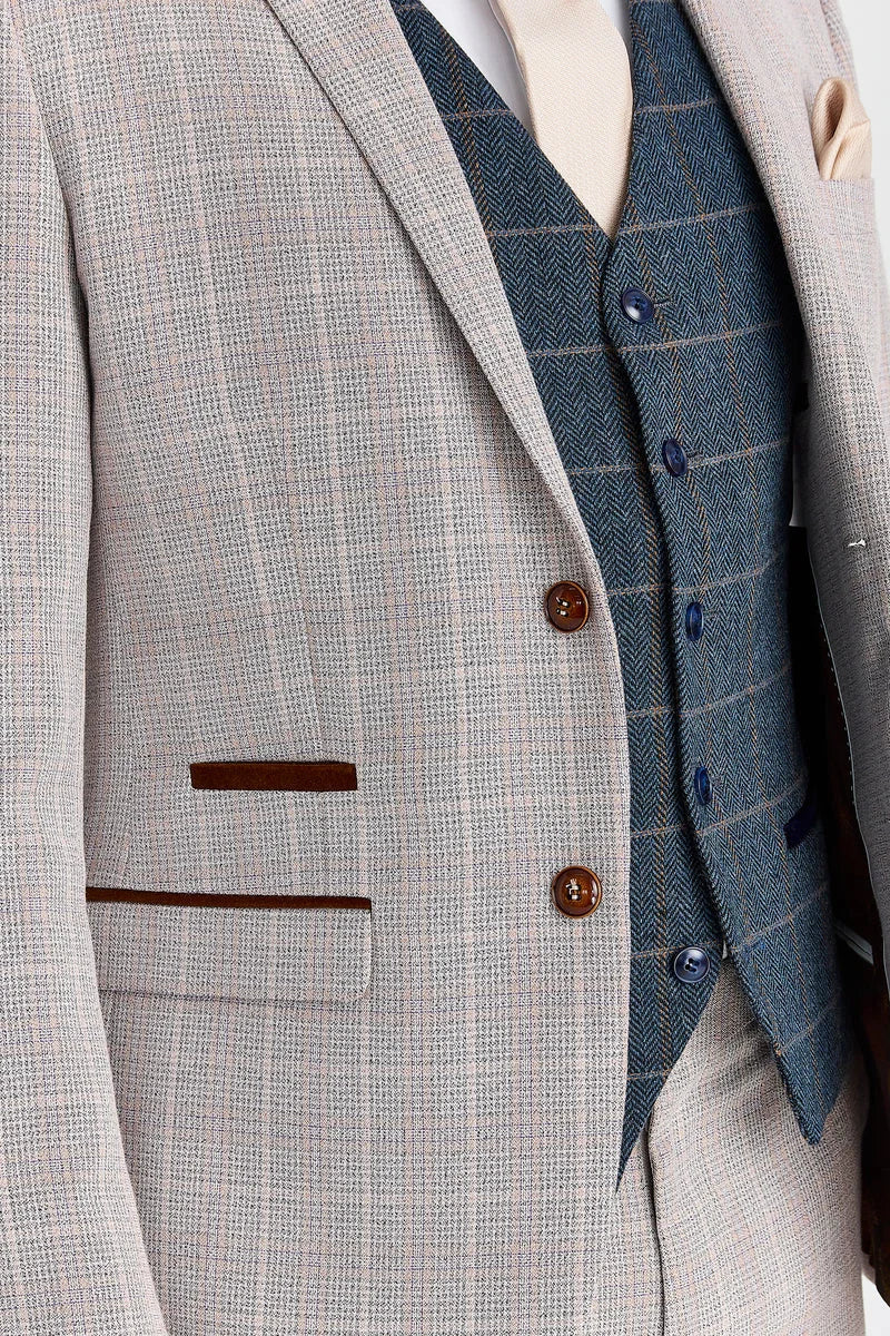 Costum bej Leo cu vestă Harris Tweed bleumarin