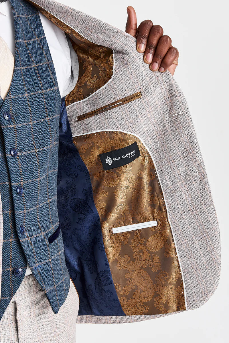 Costum bej Leo cu vestă Harris Tweed bleumarin