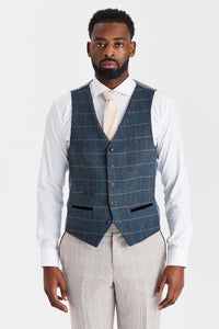 Costum bej Leo cu vestă Harris Tweed bleumarin