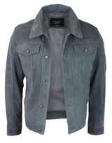 Mens Genuine Suede Jacket Leather Jeans Denim Short Mens Biker Classic Vintage Grey