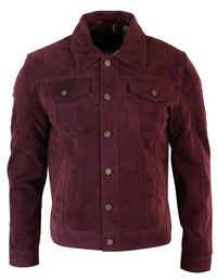 Real Suede Leather Mens Vintage Short Denim Style Retro Jean Jacket Casual - Burgundy Color
