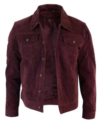 Real Suede Leather Mens Vintage Short Denim Style Retro Jean Jacket Casual - Burgundy Color