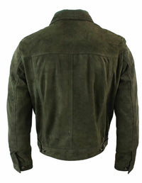 Real Suede Leather Mens Vintage Short Denim Style Retro Jean Jacket Casual - Olive Color