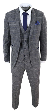 Marc Darcy Scott - Mens Grey with Blue Check 3 Piece Suit