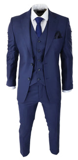 Mens Classic Navy Blue 3 Piece Suit Slim Fit Vintage Retro Smart Formal Wedding