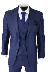 Mens Classic Navy Blue 3 Piece Suit Slim Fit Vintage Retro Smart Formal Wedding