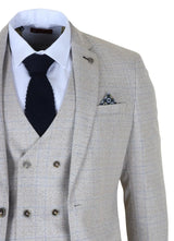 Luis - Costum bărbătesc crem în carouri, slim fit, 3 piese