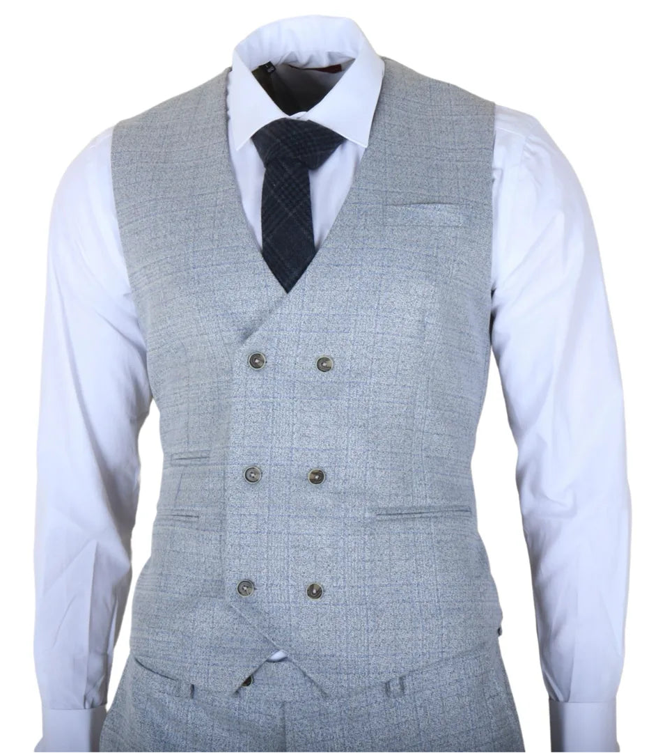 Luis - Costum bărbătesc albastru deschis în carouri, slim fit, 3 piese