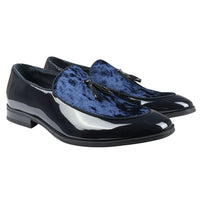 Men's Slip On Tassel Velvet Detailed Patent Navy Loafers