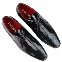 Mens Shoes Smart Formal Perforated Pointed Laced Black Patent Leather PU