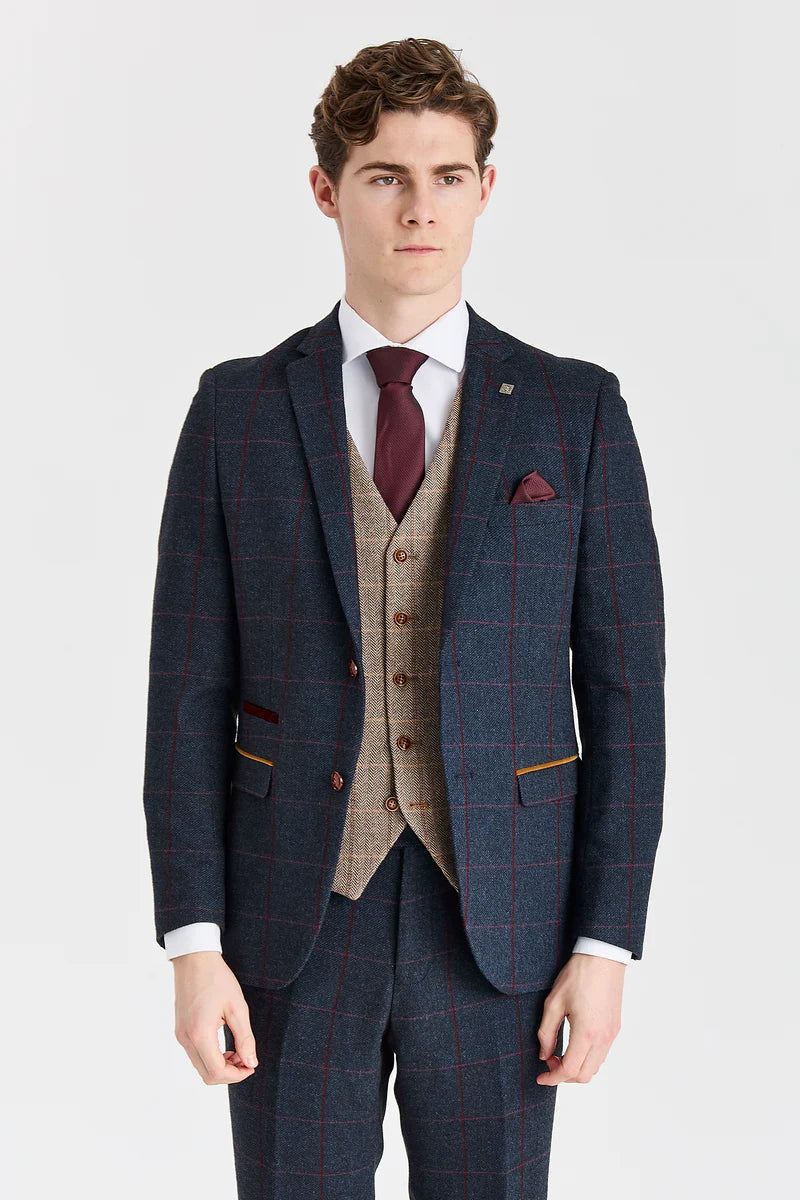 Costum bleumarin Madrid cu vestă din tweed Harris maro contrastantă