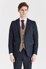 Costum bleumarin Madrid cu vestă din tweed Harris maro contrastantă