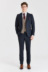 Costum bleumarin Madrid cu vestă din tweed Harris maro contrastantă