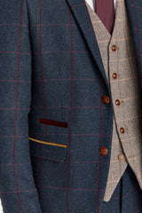 Costum bleumarin Madrid cu vestă din tweed Harris maro contrastantă