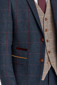 Costum bleumarin Madrid cu vestă din tweed Harris maro contrastantă