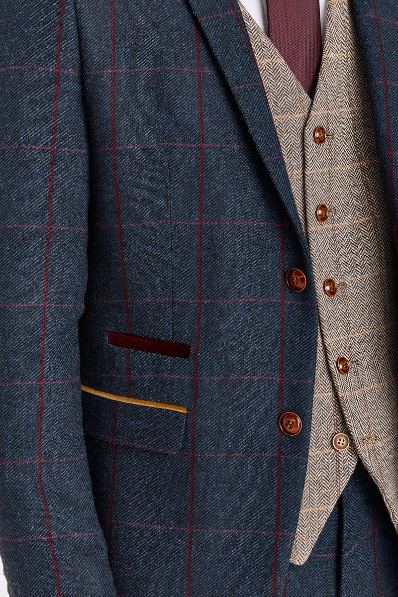 Costum bleumarin Madrid cu vestă din tweed Harris maro contrastantă