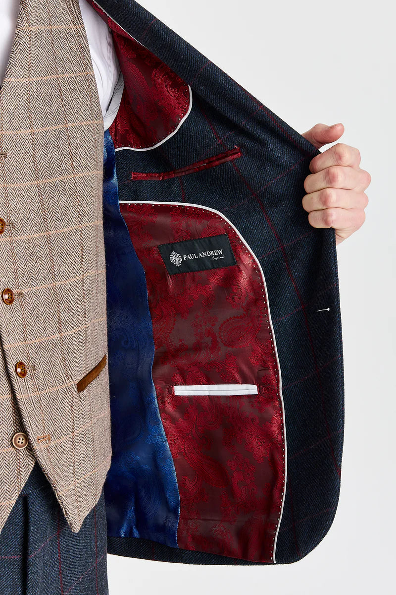 Costum bleumarin Madrid cu vestă din tweed Harris maro contrastantă