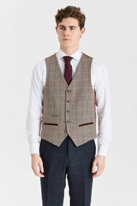 Costum bleumarin Madrid cu vestă din tweed Harris maro contrastantă