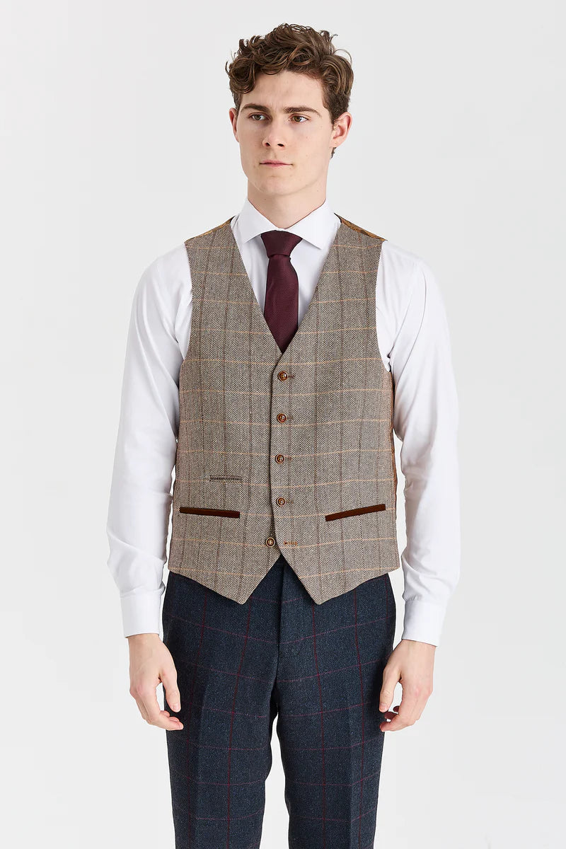 Costum bleumarin Madrid cu vestă din tweed Harris maro contrastantă