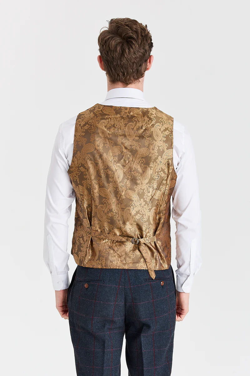 Costum bleumarin Madrid cu vestă din tweed Harris maro contrastantă