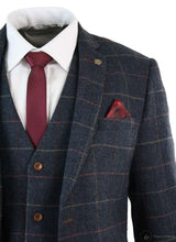 Mens Navy Blue Wine Check Herringbone Tweed Vintage 3 Piece New Marc Darcy Suit