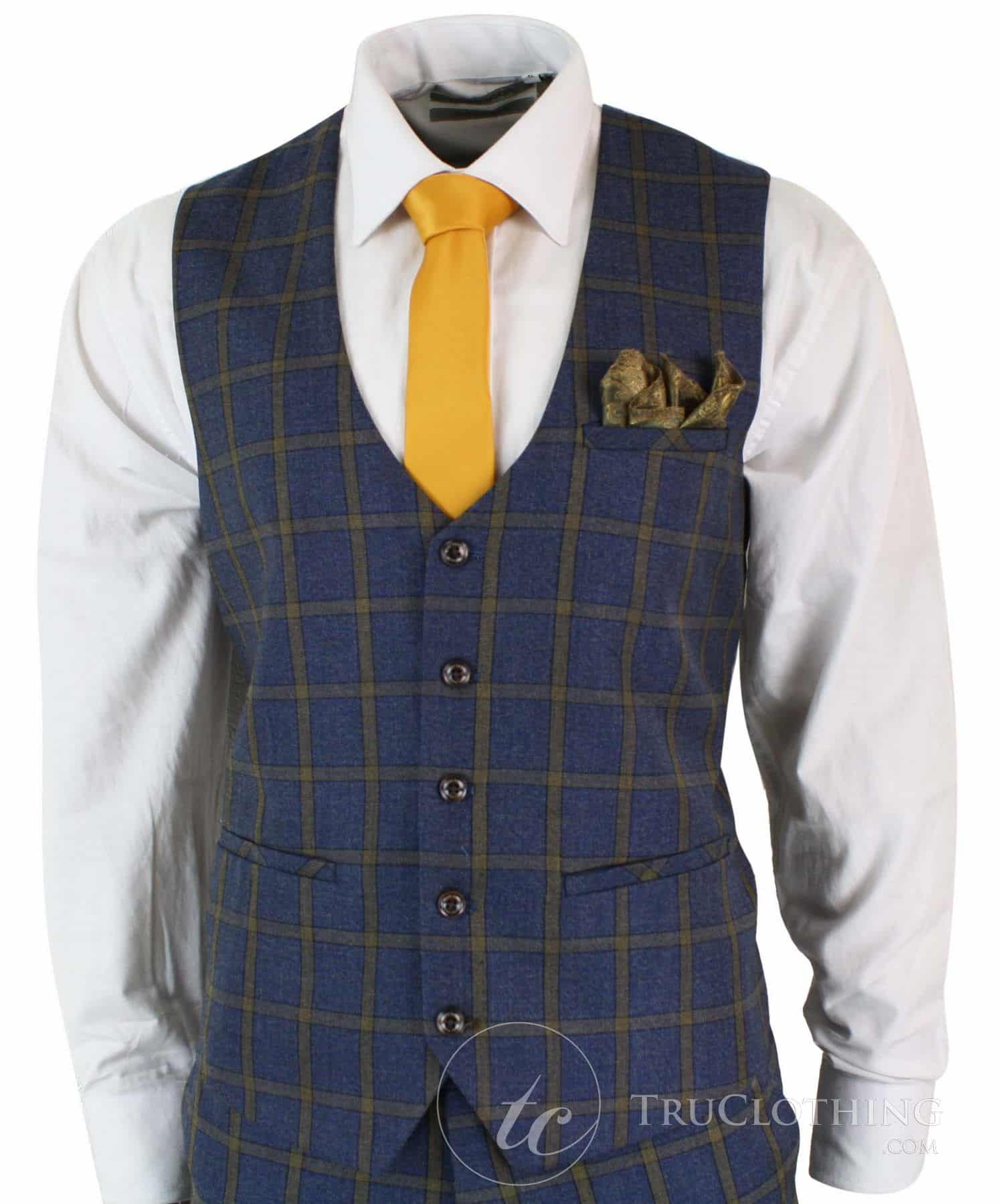 Marc Darcy SBC Roman - Mens 3 Piece Blue Gold Slim Fit Prince Of Wales Check Suit Marc Darcy Wedding Prom