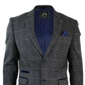 Sacou bărbătesc gri în carouri, model herringbone, croială vintage, cu imprimeu albastru din catifea - Gri